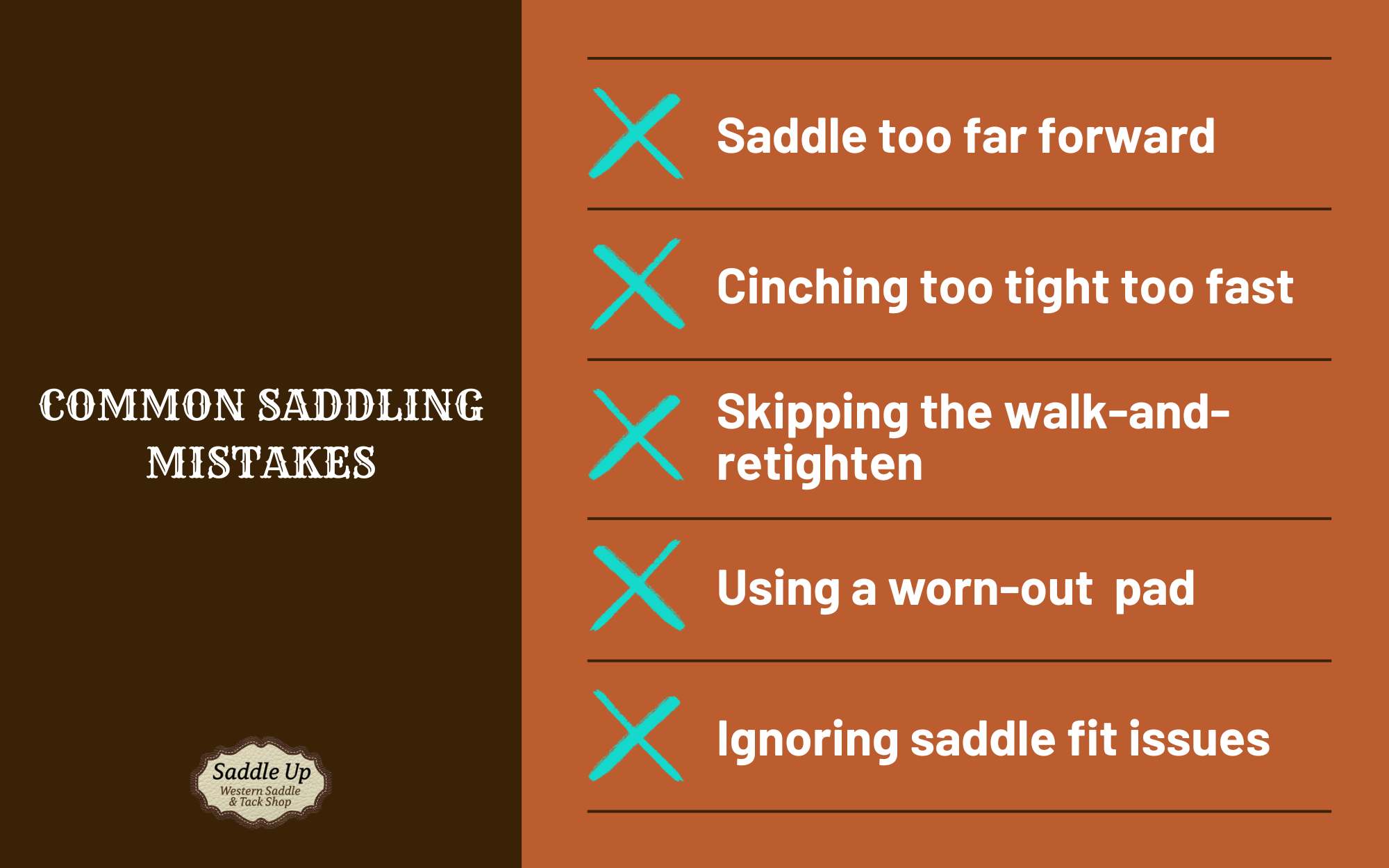 infographic showing common mistakes people make while saddling a horse